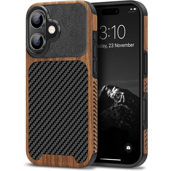 LKYUHGS-Compatible with iPhone 16 Plus Phone Case Wood Grain with Carbon Fiber Texture Design Leather Hybrid Slim Case (Black)