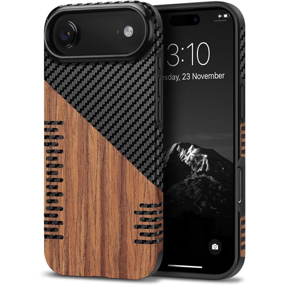 LKYUHGS-Compatible with iPhone Air Case Wood Grain with Carbon Fiber Texture Design Leather Hybrid Slim Case (Twill)