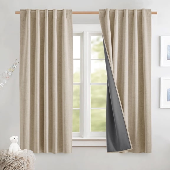 LKYUHGS-Cream Thick Linen Blend 100% Blackout Curtains with Grey Liners, Rod Pocket Back Tab Thermal Insulated Flax Textured Full Blackout Window Draperies for Kitchen (2 Panels, 42" W by 63" L)