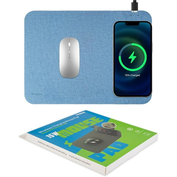 LKYUHGS-Fast Wireless Charging Mouse Pad 15W, Office Desk Pad with Ultra-Smooth Surface Non-Slip Rubber Base, Waterproof Mousepad for Computers/Office/Work/Home/Pad for iPhone Samsung (Blue)