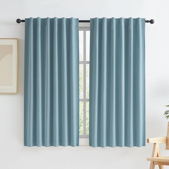 LKYUHGS-Full Blackout Linen Curtains 45 Inch Drop 2 Panels, Heat and Full Light Blocking Thermal Insulated Drapes for Bedroom Back Tab Rod Pocket Hook Belt(Dusty Blue,50 Inch Wide Each Panel)