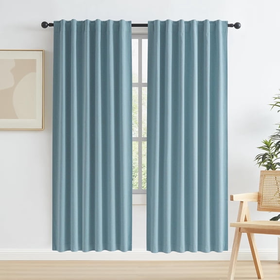 LKYUHGS-Full Blackout Linen Curtains 72 Inch Drop 2 Panels, Heat and Full Light Blocking Thermal Insulated Drapes for Bedroom Back Tab Rod Pocket Hook Belt(Dusty Blue,50 Inch Wide Each Panel)