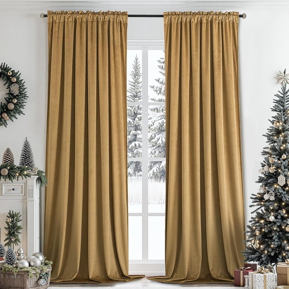 LKYUHGS-Golden Brown Velvet Curtains 84 Inches for Living Room,Rod Pocket Luxury Blackout Velvet Curtains Thermal Insulated 2 Panels Room Darkening Drapes,W52 x L84