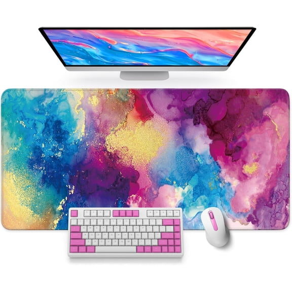 LKYUHGS-Large Mouse Pad for Desktop, Cute Desk Mat Pad Protector for Work & Gaming, Aesthetic Pretty Anti-Slip Laptop Blotter Cover for Office School Home Supplies, Color Splash, 35.4" x 15.7"