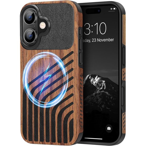 LKYUHGS-Magnetic Case Compatible with iPhone 16 Plus Phone Case Wood Grain with Carbon Fiber Texture Design Leather Hybrid Slim Cover (Compatible with MagSafe) Hairline