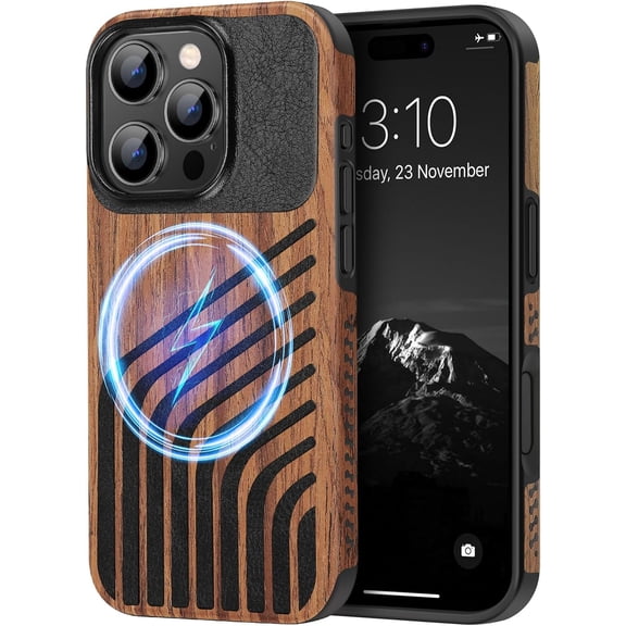 LKYUHGS-Magnetic Case Compatible with iPhone 16 Pro Max Phone Case Wood Grain with Carbon Fiber Texture Design Leather Hybrid Slim Cover (Compatible with MagSafe) Hairline