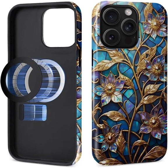 LKYUHGS-Magnetic Case for iPhone 15 Pro Max Design,Compatible with MagSafe,Slim Protective Soft TPU Bumper Phone Cover Women Girls Case for iPhone 15 Pro Max-Stained Stained Mandala Vine