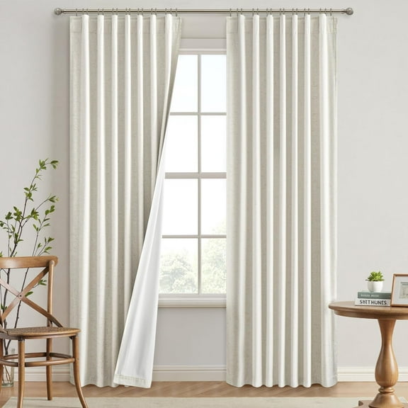 LKYUHGS-Natural Linen Blackout Curtains 84 inch Long 2 Panels Set for Bedroom Back Tab Thermal Insulated 100% Black Out Drapes Pinch Pleated Hooks Room Darkening Window Curtain for Living Room