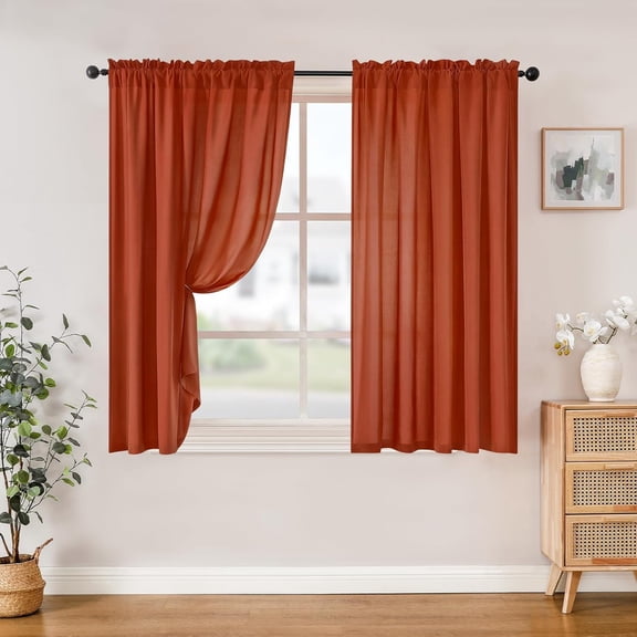 LKYUHGS-Non-See-Through Fall Burnt Orange Privacy Sheer Curtains, 52 X 45 Inches Long 2 Panels Sheer Curtains Light Filtering Window Drapes for Bedroom Living Room