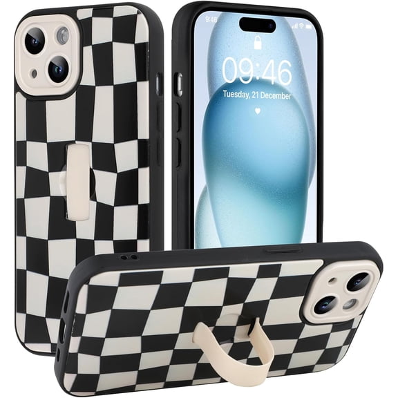 LKYUHGS-for iPhone 15 Case with Finger Strap Kickstand, Cute Checkered Checkerboard Phone Case with Finger Hand for Women Men, Slim Full Camera Protection Shockproof Case Cover, Black & White