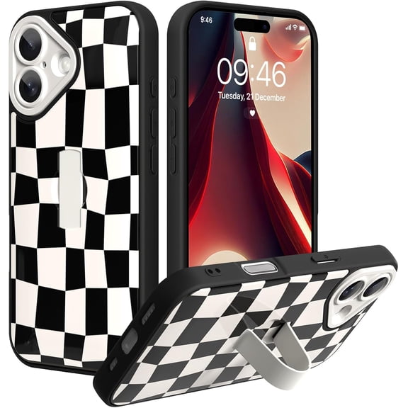 LKYUHGS-for iPhone 17 Case with Finger Strap Kickstand, Cute Checkered Checkerboard Phone Case with Finger Hand for Women Men, Slim Full Camera Protection Shockproof Cover, Black & White