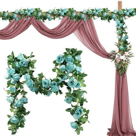 LKZQHMC 1 Pack 6.6FT Artificial Flower Garland, Fake Blue Roses Vines Silk Flowers Faux Plastic Outdoor Hanging Floral Ivy Garland Decoration for Wedding Arch Bedroom Home Wall Backdrop Room Decor