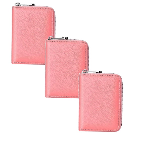 LKZQHMC 3 Pcs Genuine Leather RFID Blocking Card Holder Wallet - 20 Card Slots Compact Zipper Case for Men & Women,Pink