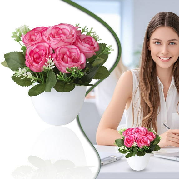 LKZQHMC Artificial Flowers Kit with Pot, Combination of Fake Silk Orange Roses and Greenery,Small Plant Potted Decor for Offices,Bookshelf,Bedroom, Living Room,Party,Wedding Decorations