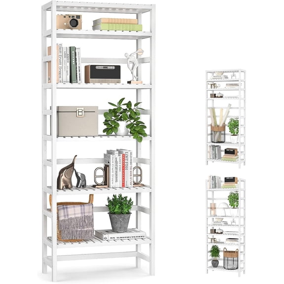 LL 6-Tier Bamboo Bookshelves and Bookcases, Adjustable 63.4”Tall Shallow Book Shelf Organizer Rack, Freestanding Storage Shelving Unit for Living Room, Kitchen, Bathroom, Office, White