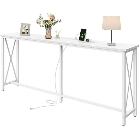 LL 70 Inch Console Table with Outlets and USB-C Port, Extra Long Behind Couch Sofa Table with X-Shaped Design, Narrow for Entryway, Living Room, Metal Frame, Wooden Top, White