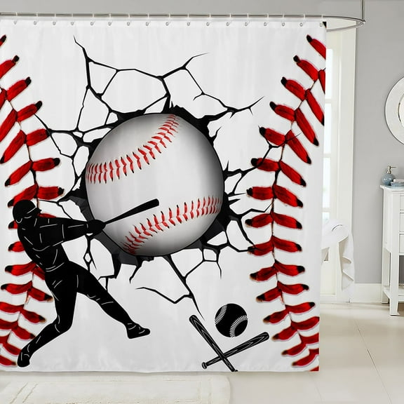 LL Baseball Kids Shower Curtain 72" W X 72" L Sports Games Print Bathroom Shower Curtain Sets For Boys Children Player Filed Fabric Shower Curtain White Patchwork Pattern Bath Curtain Home