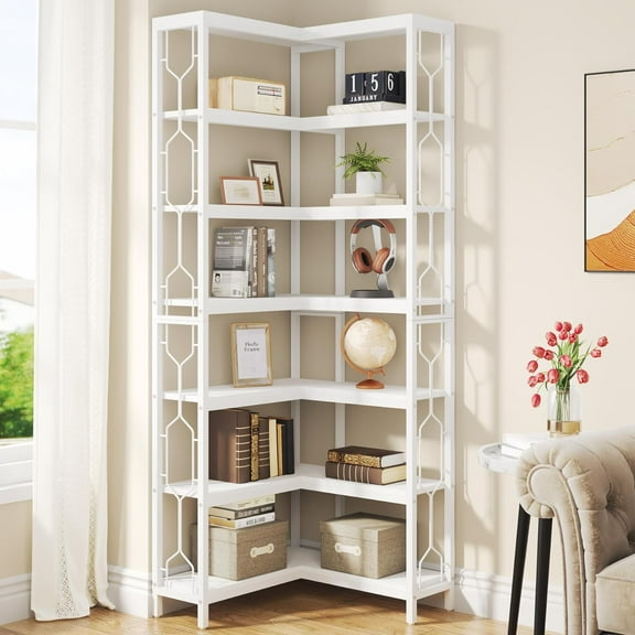 LL Corner Shelf, 7-Tier Industrial Corner Bookshelf, Wood and Metal Corner Etagere Bookcase, Freestanding Display Shelf for Living Room, Kitchen, Home Office, White