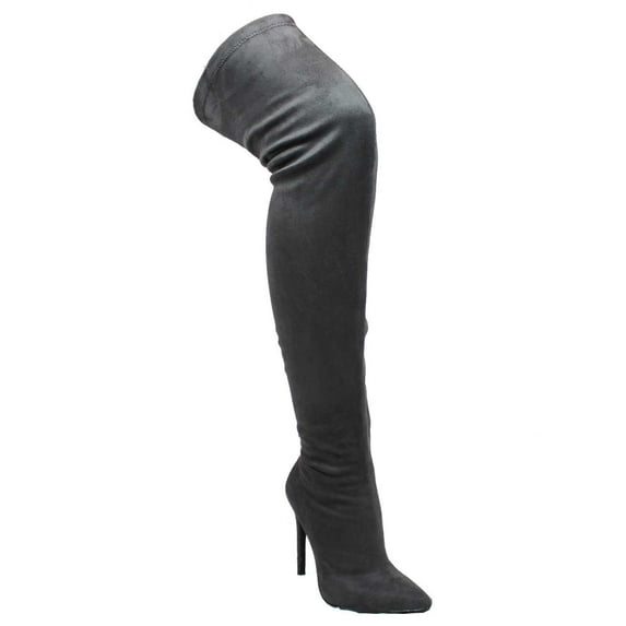 LL Gisele-7 Thigh High Stretchy Suede Material Pointy Toe Stiletto Heel Boots Gray
