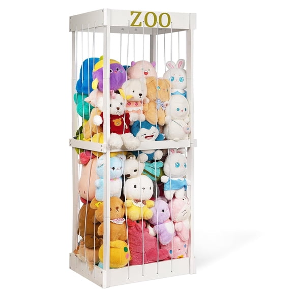 LL Stuffed Animal Zoo Stuffed Animal Storage Wood Plushie Storage Stuffed Animals Zoo Storage Cage with Zoo Pattern Elastic Band for Nursery Play Room Bedroom (White)