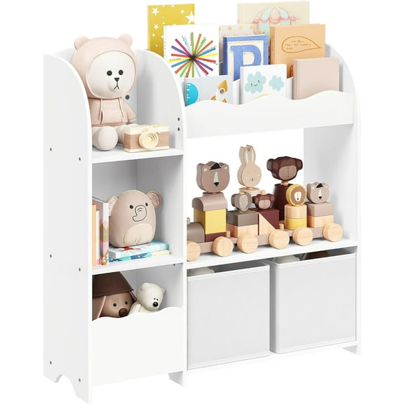 LL Toy and Book Organizer for Kids, Kids Bookshelf and Toy Storage, Storage Organizer with 2 Storage Boxes, for Playroom, Children's Room, Living Room, Cloud White UGKR042W01
