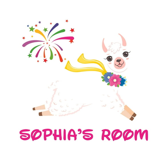 LLAMA - Kids Nursery Bedroom Art Alpaca Animal Decoration Multicolored Llama Accessories Flowers & Fireworks Design Vinyl Adhesive Wall Decal - Home Art Customized Name Wall Décor Sticker 40" x 36"