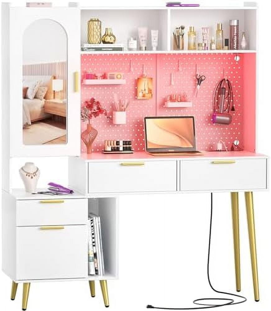 LLBIULife 48'' Makeup Vanity with Hutch Vanity with Charging Station and LED Tall Vanity Table