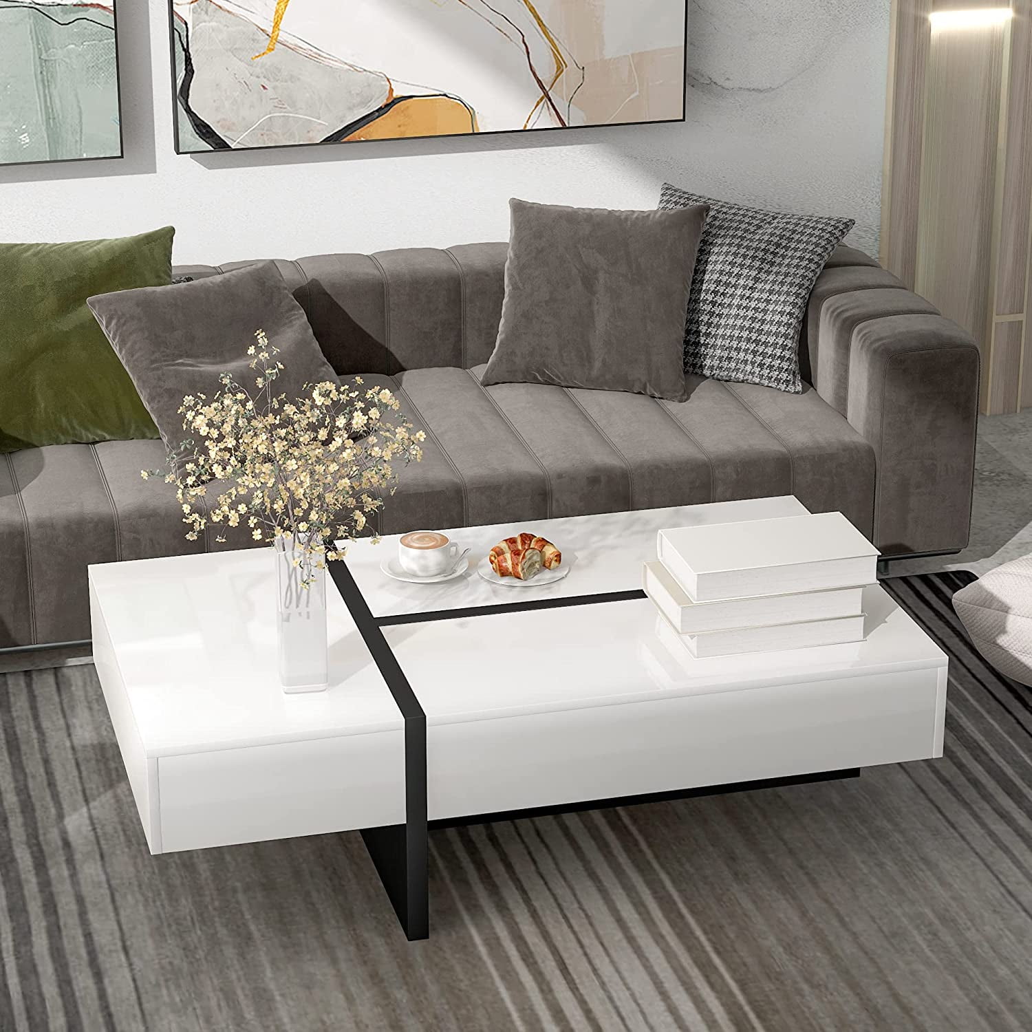 LLBIULife Contemporary Rectangle Coffee Table Modern High Gloss Surface ...