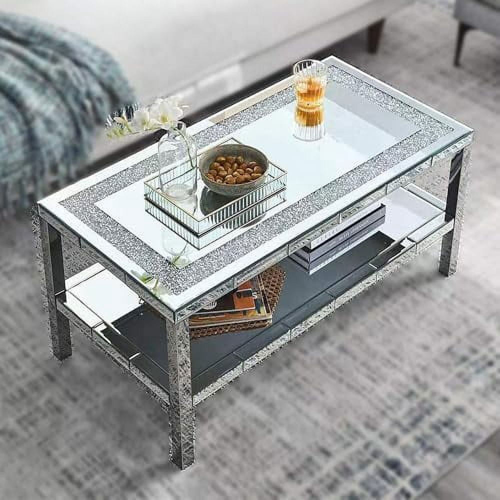 LLBIULife Elegant Shiny Silver Mirror Coffee Table Rectangle Silver Accent Table Modern Cocktail ...