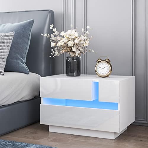 LLBIULife LED Nightstand Set of 2 Modern Matte White Nightstand with 2
