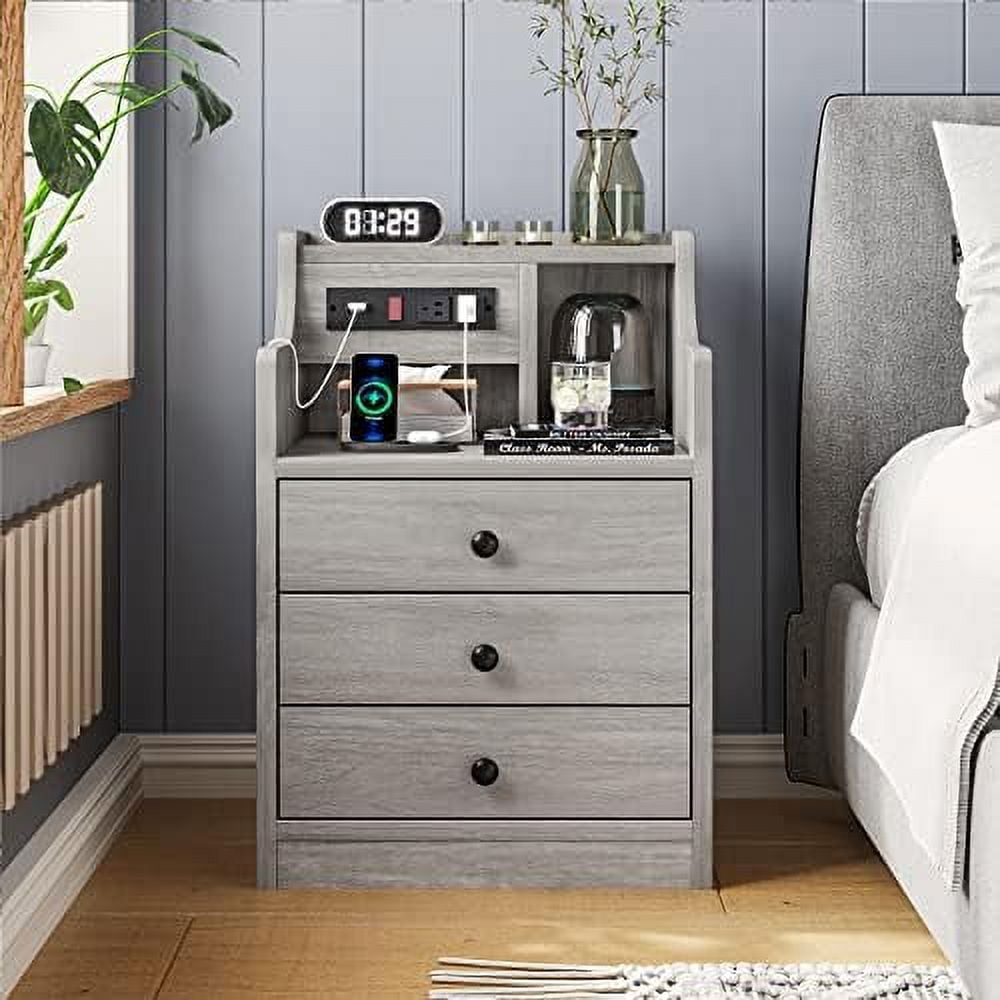 LLBIULife Nightstand Set 2 Black NightStand with Hutch and Charging