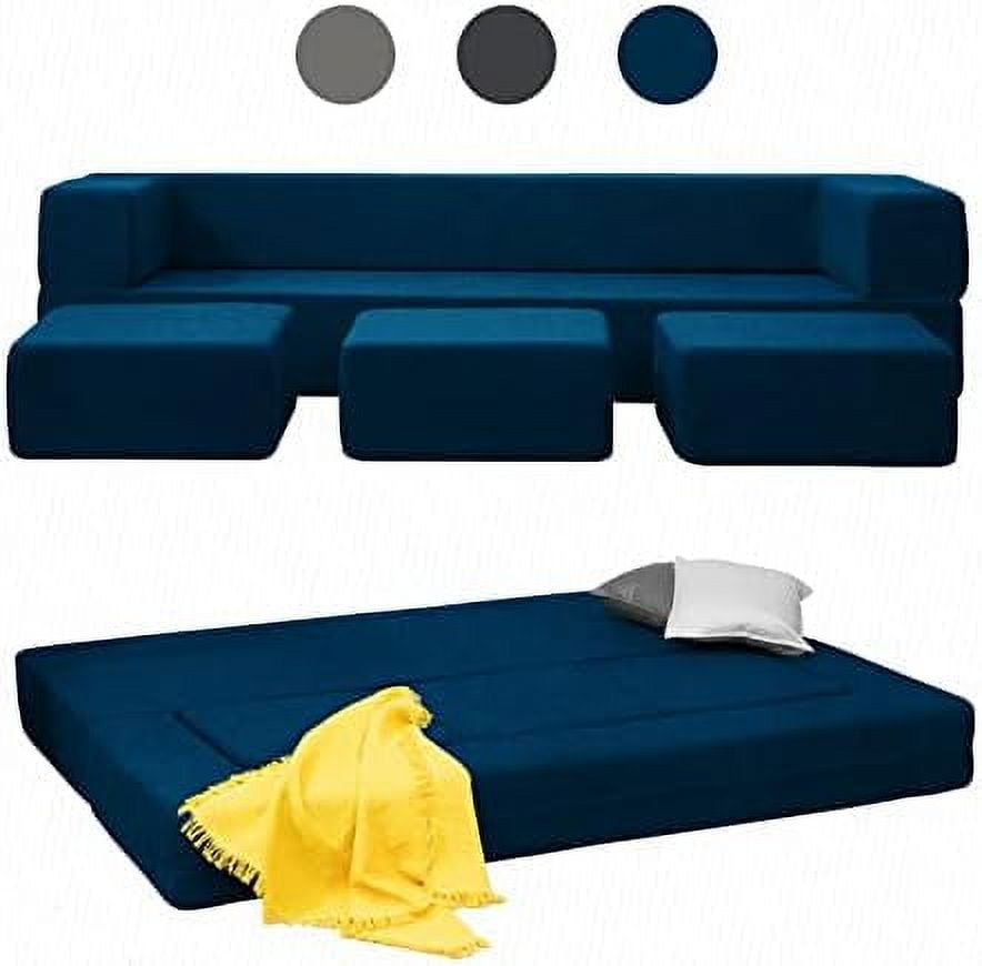 LLBIULife Queen Convertible Velvet Futon Sofa Bed with 3 Ottomans