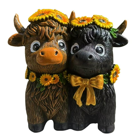 LLDYYDS 2 Pcs Highland Cow Figurines Spring Sunflower Highland Cow Scottish Resin Statue Calf Lovers Gifts