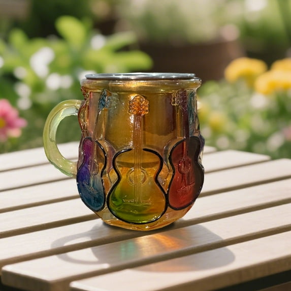 LLDYYDS 3D Guitar Art Glass Coffee Mug 15oz – Colorful Handcrafted Cup for Coffee, Tea, Milk – Music Lover Gift – Artistic Glass Mug for Men & Women