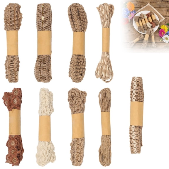 LLDYYDS 9 Rolls Jute Twine Lace Ribbon, 9 Styles Natural Burlap Ribbon, 18 Meters Flat Hemp Rope for Embellishment DIY Crafts Sewing Gifts Wraping Wedding Party
