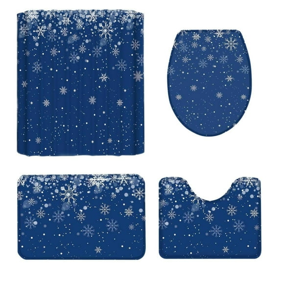 LLDYYDS Christmas 4 Piece Bath Rugs Set Winter Snowflake Ombre Dark Blue Bathroom Mats Absorbent Contour Soft Mat Toilet Lid Cover Bathroom Decor Set