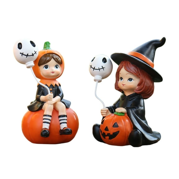 LLDYYDS Halloween Decorative Witch Figurines, Orange and Black, Resin, 3.7 Inch Height, Pumpkin Ghost Design, Set of 2