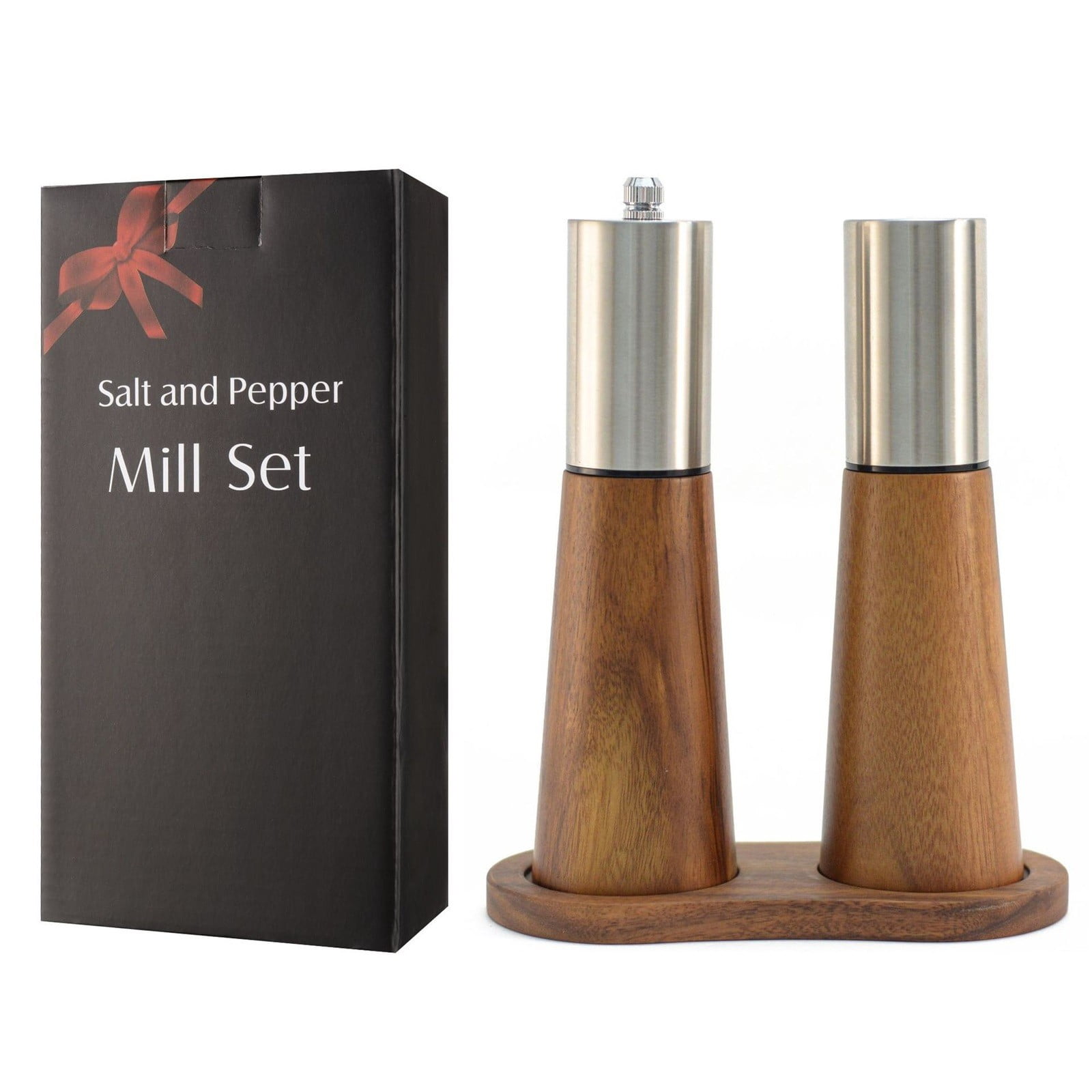 LLDYYDS Salt Shaker and Pepper Bow with Tray Acacia Wood Salt and Pepper Grinder Set Refillable Salt Shaker and Pepper Mill Set