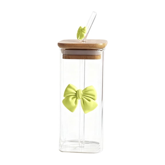 LLDYYDS Square Glass Cups with Lids and Straws,Heat Resistant Glass Tumbler with Handle Bow Knot Transparent Drinking Glasses for Water