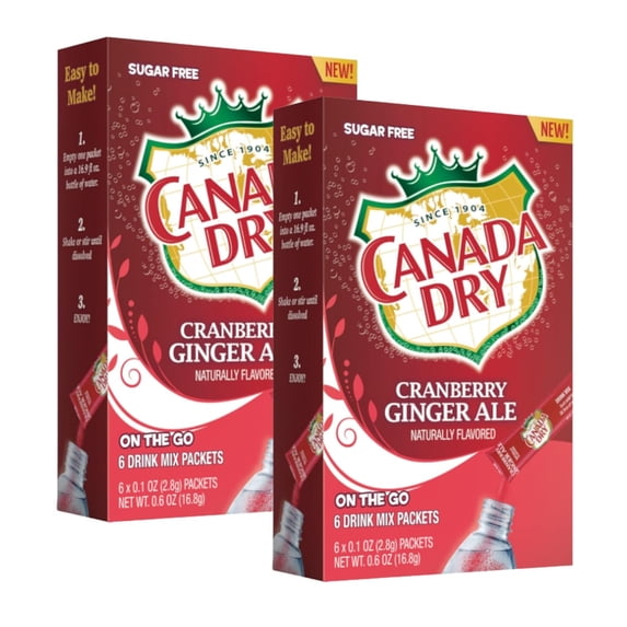 LLE Canada Dry Powder Drink Mix Cranberry Ginger Ale Flavor, Sugar Free Water Enhancer Easy to Prepare Powdered Beverages for Picnic Camping Outdoor Drinks 6ct Box, 2 Boxes-12 Sticks Total