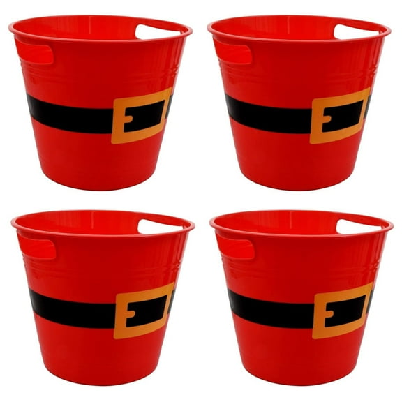 LLE Plastic Buckets with Handles, Red Santa Belt Round Basket, Multi-Purpose Container Decorative Home Kitchen Candy Bars Vase Toy Baskets for Christmas Winter Holiday Party Supplies Set of 4