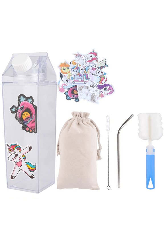 Milk Carton Water Bottle, 16oz Square Water Bottle with Stainless Straw & Cleaning Brushe Cup Brushe and 20 Cute Stickers for Outdoor Sports Travel Camping