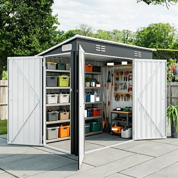 LLGWGL 4x8 FT Galvanized Steel Outdoor Storage Shed with Access Doors (Double Front + Side Door) Ventilate for Garden Tools, Bikes, Lawn Mower, Patio Equipment, Black