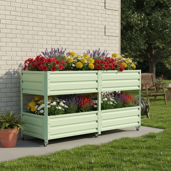 LLGWGL 71-Inch Dual-Tier Staggered 2-Layer Elevated Metal Raised Garden Bed with Lockable Wheels, 2-Layer Planter Box for Deep & Shallow Root Crops, Outdoor Patio, Backyard & Balcony
