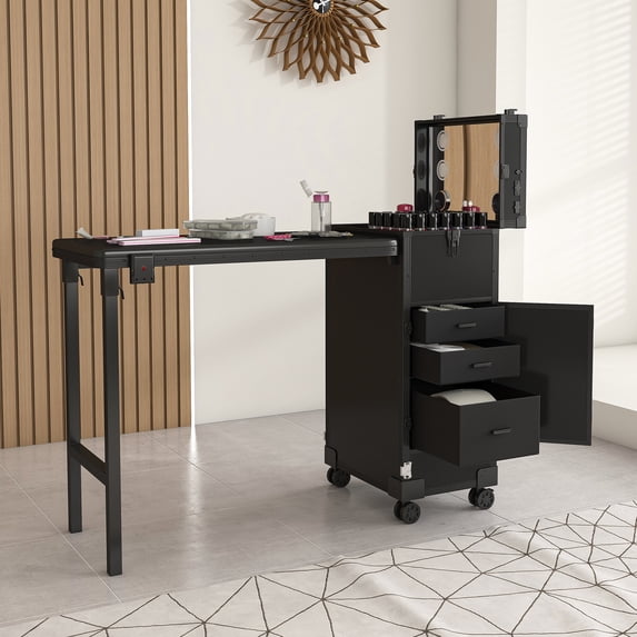 LLGWGL Portable Folding Plastic Nail Art Table Manicure Station with LED Mirror Bluetooth Speaker Lockable Drawers for Salons Hobbyists Mobile Techs, Black, 15.35"L x 12.6"W x 27.56"H