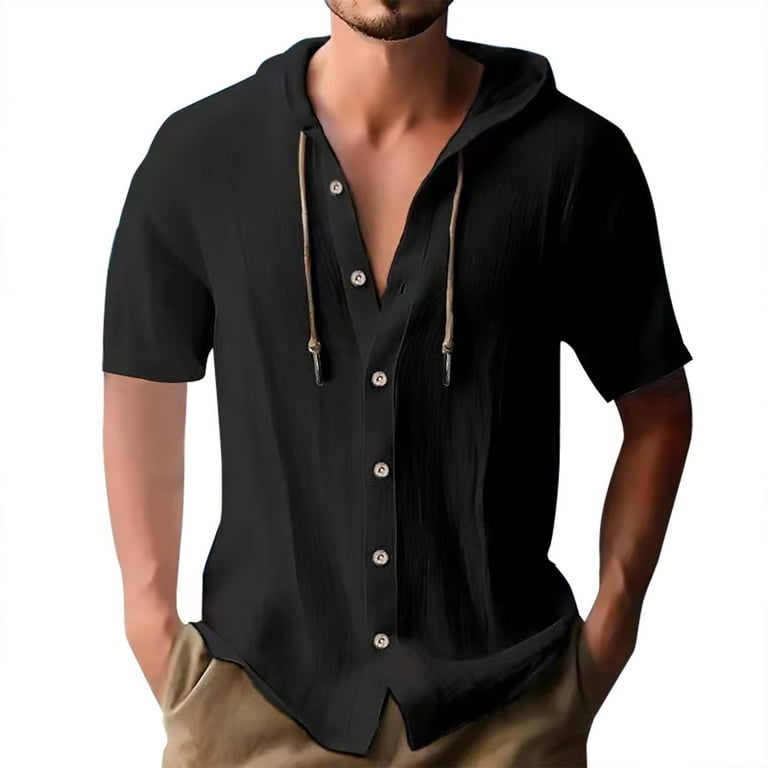 LLIMED Button Up Hoodies Shirts Men Short Sleeve Summer Beach Shirts Tops with Hood Solid Color Casual Blouse Walmart