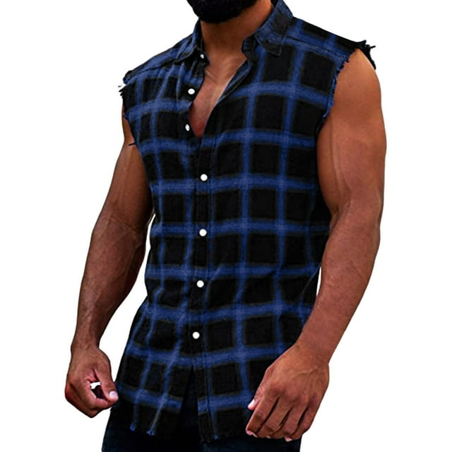 LLIMED Men's Sleeveless Flannel Shirt Plaid Print Muscles Shirt Summer