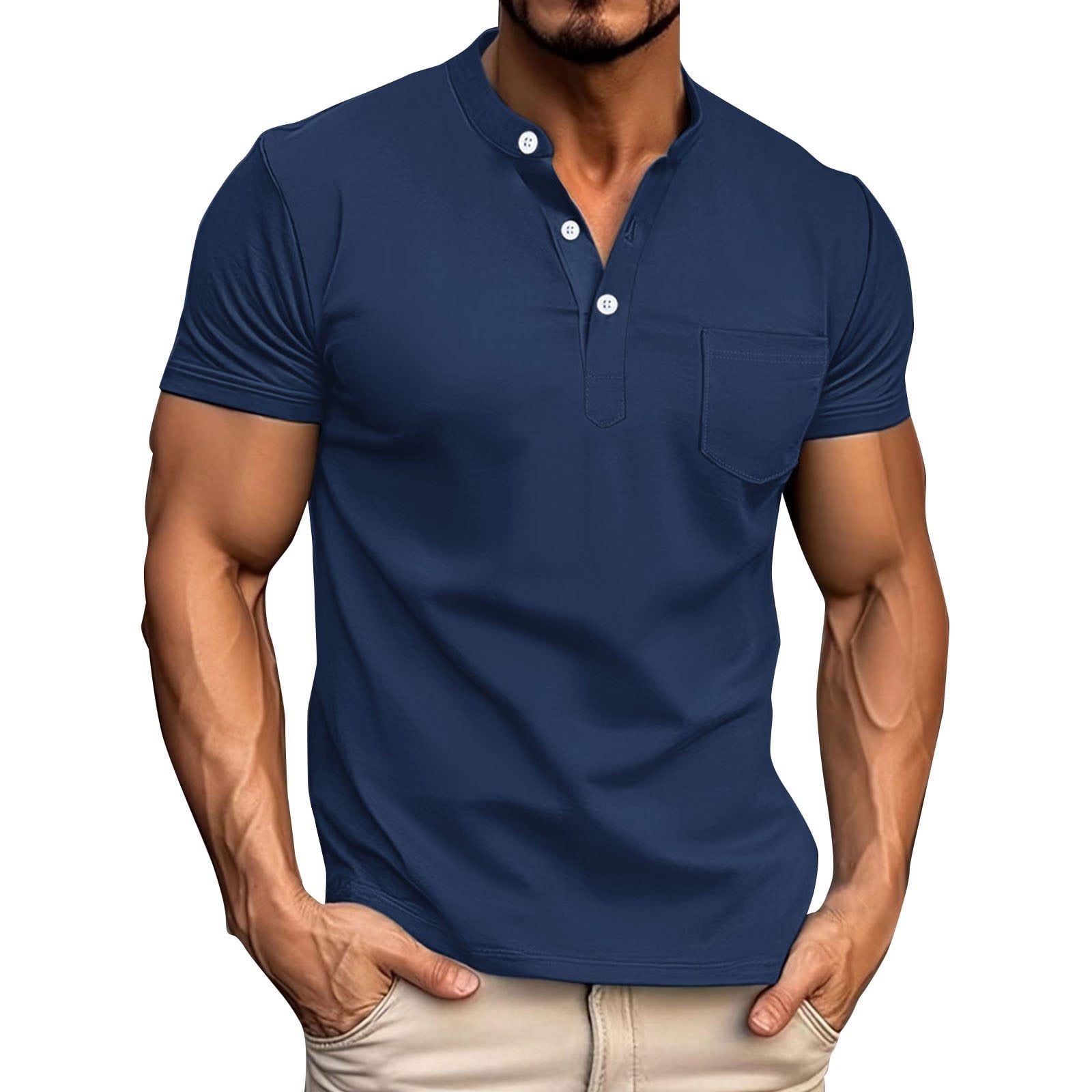 LLIMED Henley T Shirt Men Pockets Classic Fit Short Sleeve Button Tops ...