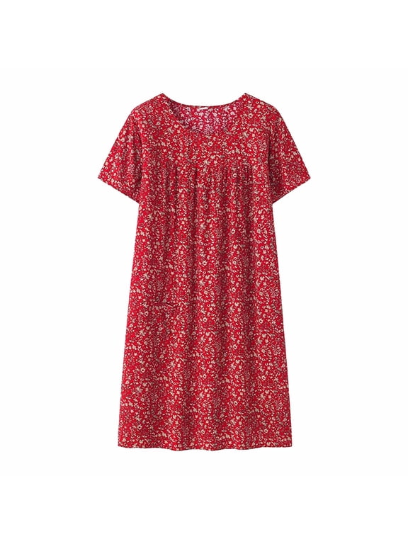 LLKIUHNMOPS Prime Women's Cotton Nightgown Sleepwear Short Sleeves Shirt Casual Print Sleepdress (Red,One Size)
