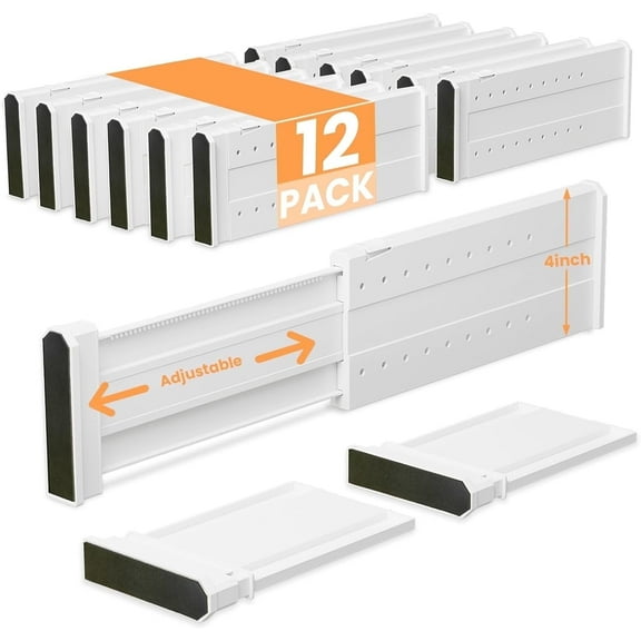 LLMRR 12 Pack Drawer Divider, 4" High, 11-17" Adjustable Drawer Dividers, Non-Slip Expandable Dresser Organizer for Baby Clothes, Bathroom, Bedroom, Kitchen and Office Storage, 12 Pack